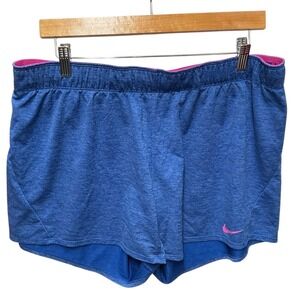 Nike Dri Fit Womens Blue Athletic Shorts Pink Waistband Logo Size XL